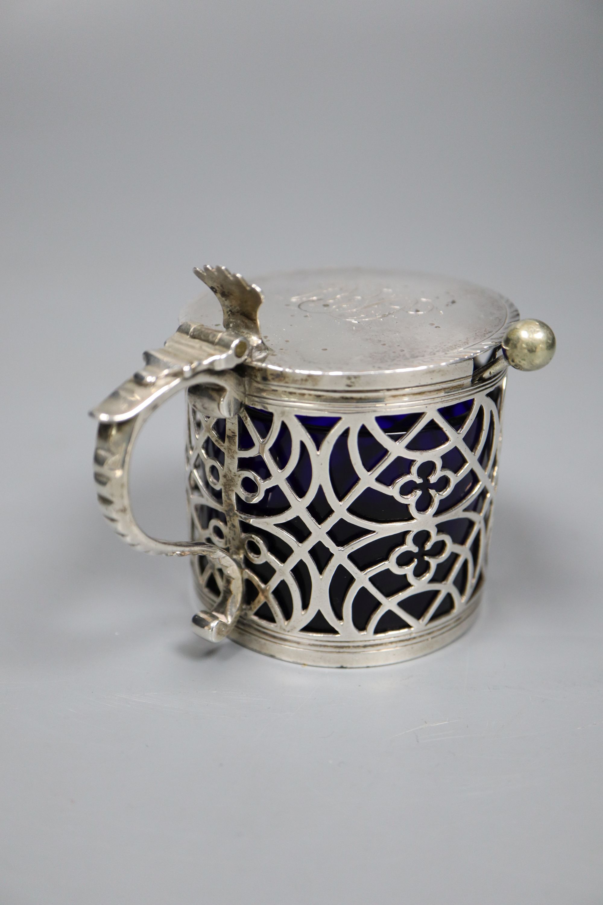 A George III pierced silver drum mustard, with engraved initials, Burrage Davenport, London, 1771, 70mm, 91 grams,